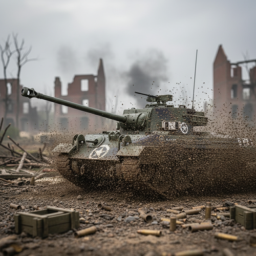 Tank in a post-apocalyptic setting with ruins in the background. M18 Hellcat Tank Destroyer Model