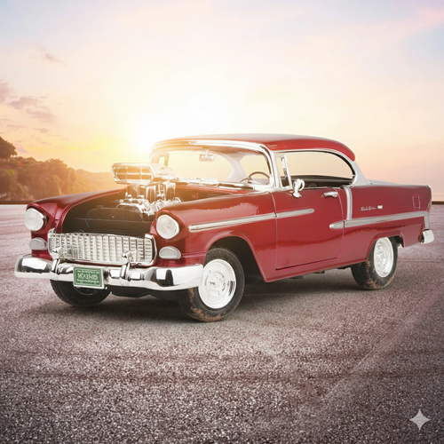 Vintage red car on a road with a sunset background