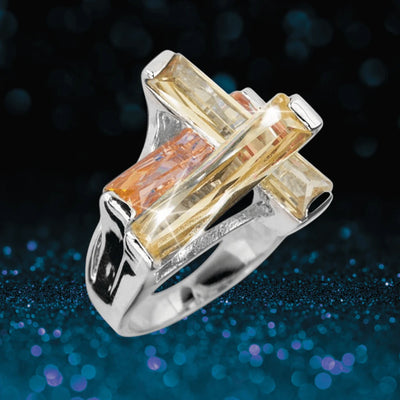 Champagne Contemporary Cross Ring crafted in sterling silver with rhodium plating, featuring a modern cross design accented by champagne-colored stones, designed for women.