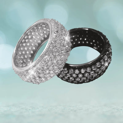Dash Black Rhodium Ring and a matching sterling silver ring with rhodium plating, both featuring a textured, dotted design for elegant female jewelry.