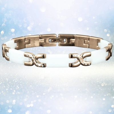 Ceramic Deluxe Bracelet for females featuring a sleek combination of white ceramic links and rose gold plated stainless steel with embedded sparkling accents, elegant jewelry piece.