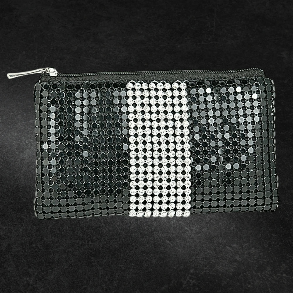 Crystal Bow Coin Wallet for female featuring a sleek black design embellished with sparkling crystal accents and a central vertical stripe of clear crystals, ideal for stylish jewelry lovers.