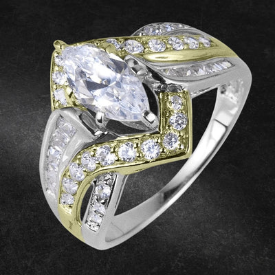 Venus Ring featuring a two-tone sterling silver design with a marquise-cut center stone and multiple smaller stones accentuating the elegant jewelry piece for female wear.