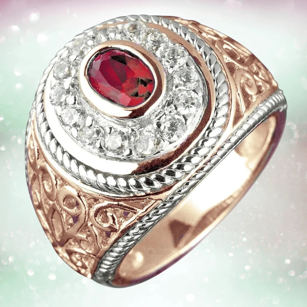 College League Red Stone Ring featuring a two-tone sterling silver design with a central red stone surrounded by clear crystals, stylish men's jewelry ring.