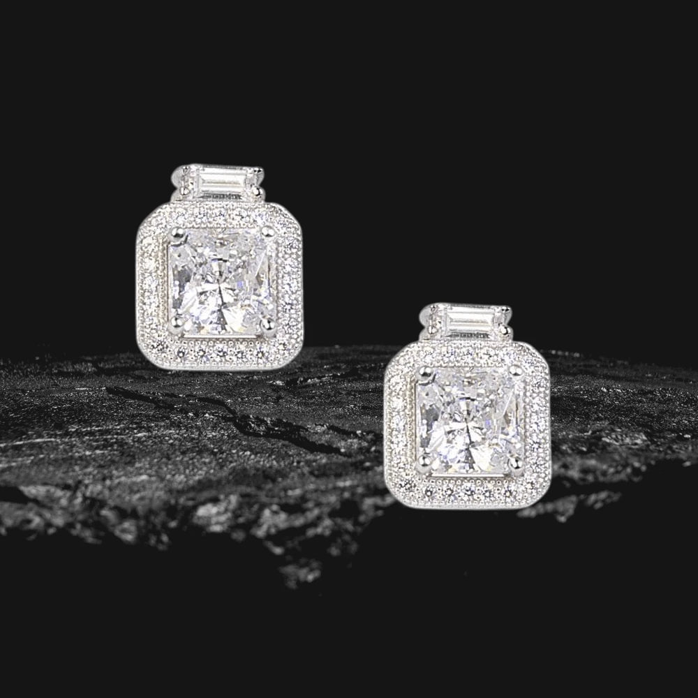 Park Lane Earrings featuring sterling silver with rhodium plating, designed for women, showcasing square-cut sparkling stones surrounded by smaller crystals in an elegant setting.