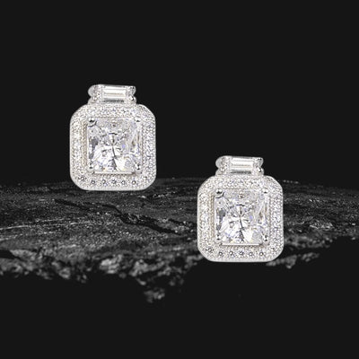 Park Lane Earrings featuring sterling silver with rhodium plating, designed for women, showcasing square-cut sparkling stones surrounded by smaller crystals in an elegant setting.