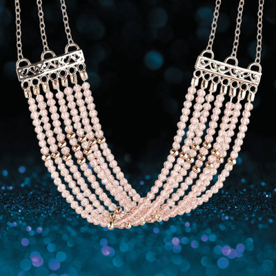 Rosa Cascade Necklace featuring multiple strands of rose gold plated gems with intricate metallic connectors, designed for a sophisticated female jewelry collection.