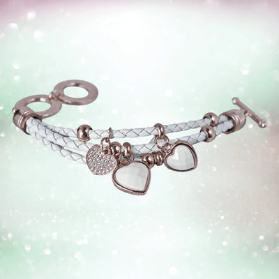 Elegant Silhouette White Leather Bracelet for female featuring braided leather and rose gold plated heart charms, perfect for adding a refined touch to jewelry collections.
