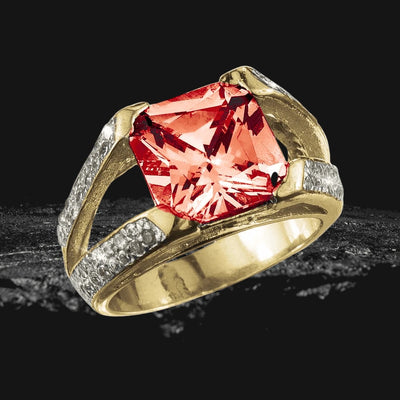 Radiant Ruby Ring featuring a large radiant-cut red gemstone set in sterling silver with gold plating, designed for women with intricate detailing and elegance.