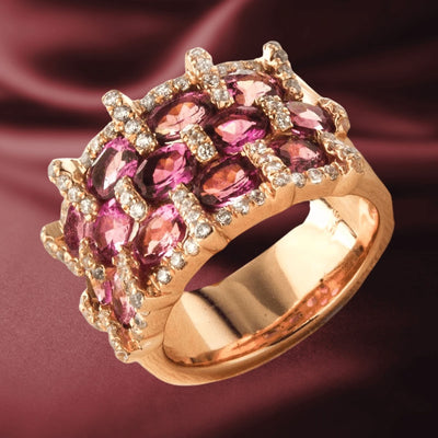 Rosanna Ring featuring rose gold plating over sterling silver with multiple pink gemstones and delicate diamond accents designed for women’s fine jewelry collection.