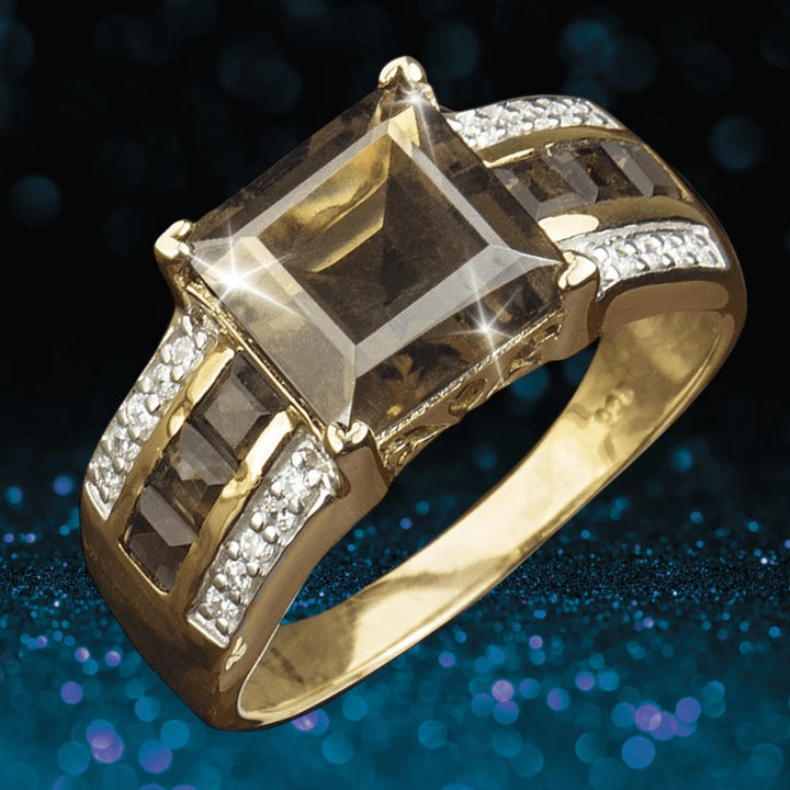 Bourbon Men's Ring featuring a sterling silver band plated in gold with a large square gemstone centerpiece and accent stones, designed for a bold masculine style.