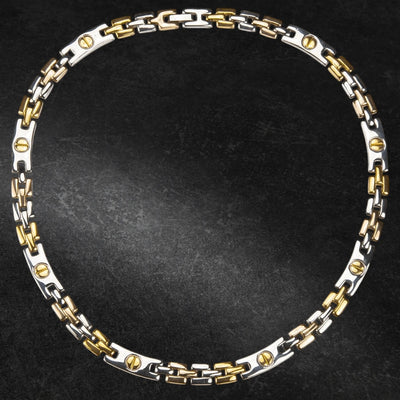 Landor Men's Necklace featuring a two-tone stainless steel chain with interlocking links and screw details, designed for a stylish and modern male jewelry look.