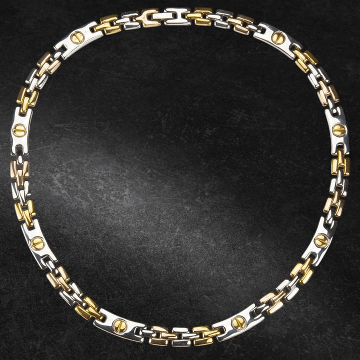 Landor Men's Necklace featuring a two-tone stainless steel chain with interlocking links and screw details, designed for a stylish and modern male jewelry look.