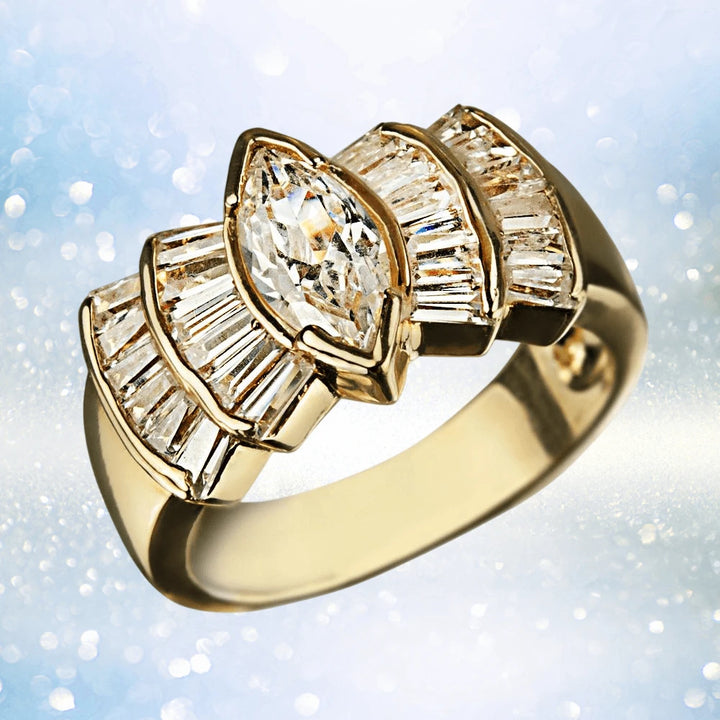 Deco Fan Ring featuring sterling silver with gold plating, designed for women, showcasing a central marquise-cut clear stone surrounded by radiant baguette-cut crystals in an elegant fan shape.