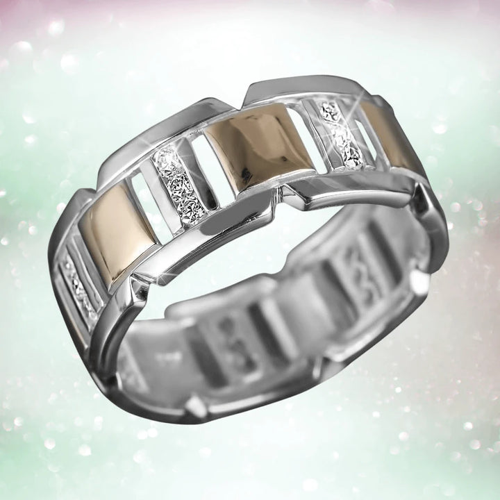 Couture Sports Ring featuring a two-tone sterling silver design with alternating polished and textured segments, crafted for a refined male jewelry statement.