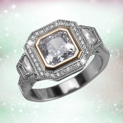 Dakota Ring featuring a two-tone sterling silver band with a central square-cut gemstone surrounded by smaller sparkling stones, designed for women’s jewelry collections.