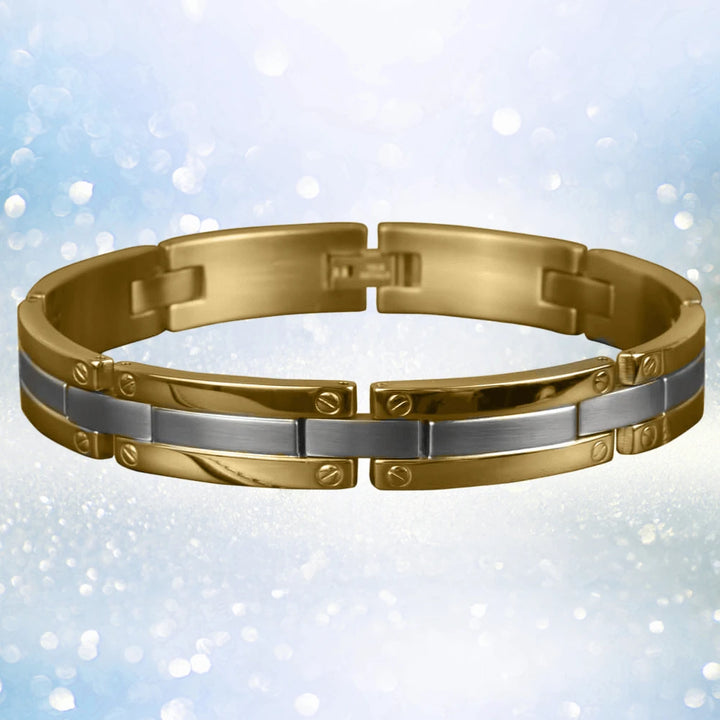 Regal Men's Bracelet featuring a two-tone stainless steel design with gold and silver plating, showcasing a sleek and modern bracelet style for men’s jewelry collections.