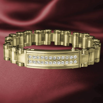 Revolution Bracelet for men made of gold-plated stainless steel with an elegant link design and a central panel adorned with sparkling stones, perfect for stylish jewelry collections.