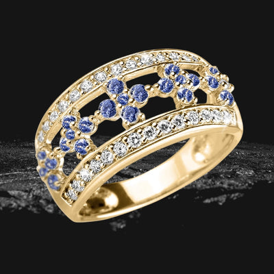 Ladies Gina Ring in sterling silver with gold plating, featuring rows of clear and blue gemstones, designed for elegant female jewelry collections.