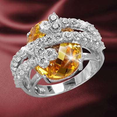 Honey Blossom Ring featuring a sparkling yellow gemstone centerpiece set in sterling silver with rhodium plating, adorned with dazzling clear crystals, designed for women’s jewelry.