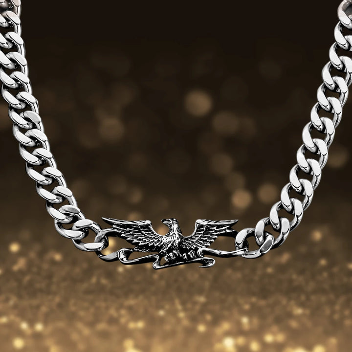 Patriot Eagle Steel Necklace featuring a stainless steel chain with a detailed eagle pendant designed for male jewelry collectors and necklace enthusiasts.