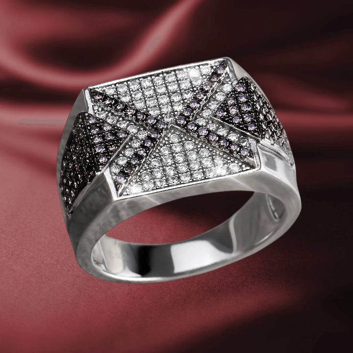 Duke Ring crafted from sterling silver with rhodium plating, featuring a bold geometric design accented with white and black stones for a sophisticated men's jewelry piece.