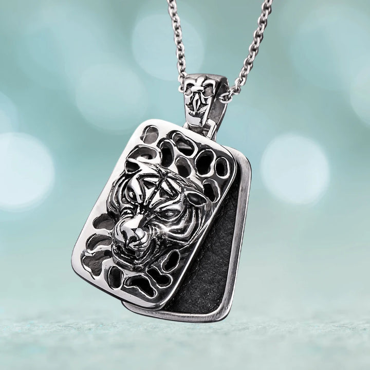 Tiger Dog Tag Pendant made of stainless steel featuring a detailed tiger head design on a rectangular pendant hanging from a chain, perfect for men's jewelry.