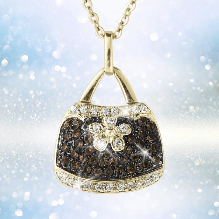Couture Handbag Gold Pendants necklace featuring sterling silver gold-plated handbag charm adorned with brown and clear stones, designed for women’s jewelry collections.