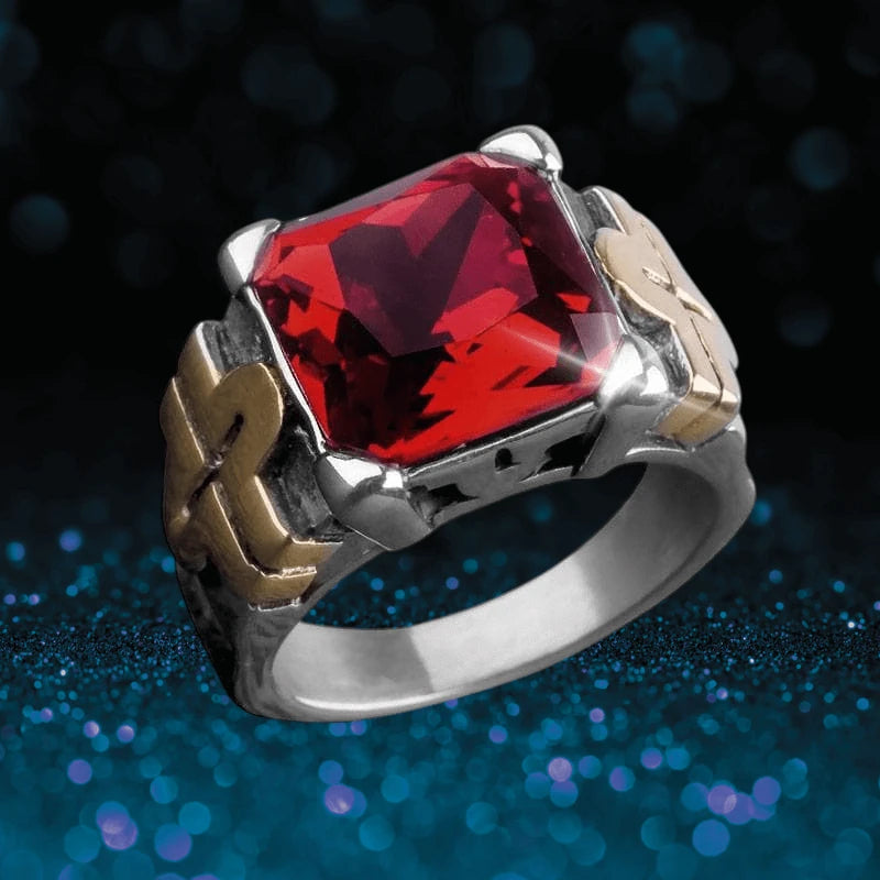 Fiesta Red Men's Ring featuring a large square red gemstone set in stainless steel with gold plating accents, a bold and stylish jewelry piece for men.