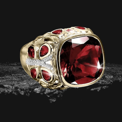 Springtime Garnet Ring for female, featuring a large deep red garnet stone set in gold-plated stainless steel with intricate detailing and smaller red stones.