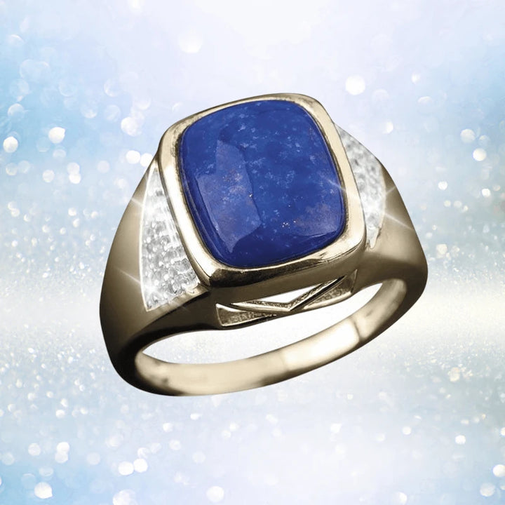 Laguna Men's Ring featuring a bold blue stone set in sterling silver with gold plating, combining luxury and masculine elegance in fine jewelry.