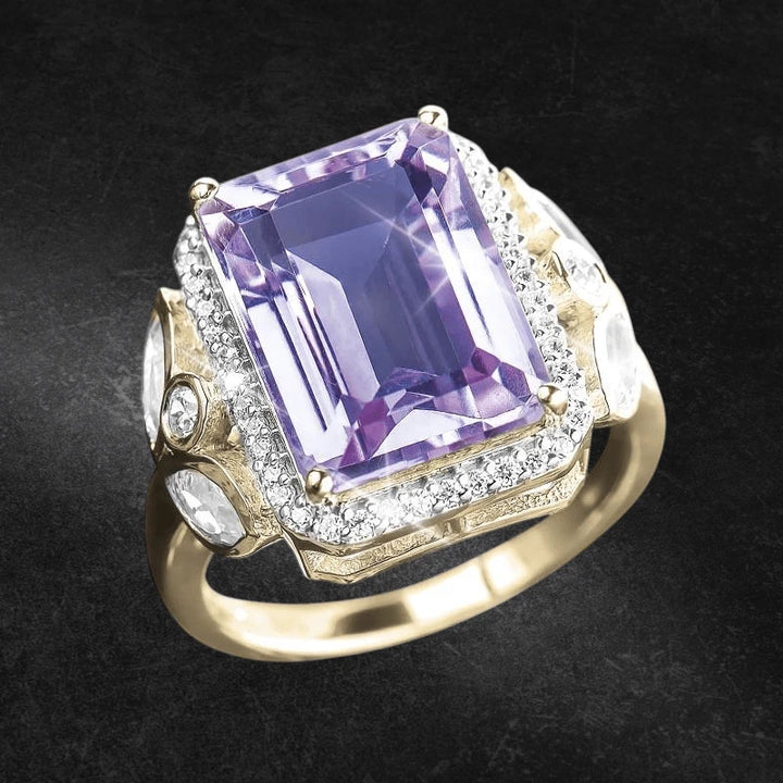 Rose De France Ring featuring a large rectangular Rose De France gemstone set in sterling silver with gold plating, accented by sparkling diamonds, designed for women.