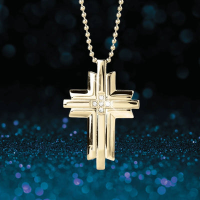 Trinity Golden Cross men's pendant necklace in polished gold with a multi-layered cross design and small center diamonds, ideal for elegant jewelry collections.