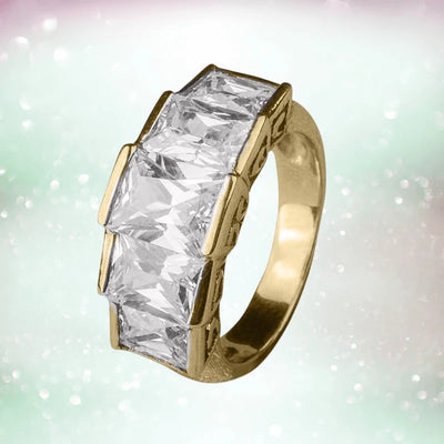 Infinity Half Eternity Ring for female crafted in sterling silver with gold plating, featuring a row of large clear rectangular gemstones for elegant jewelry style.