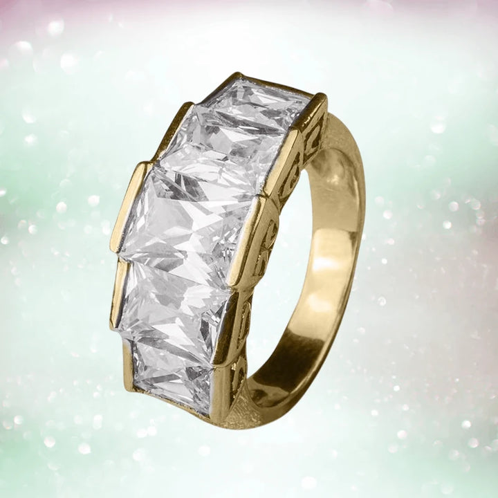 Infinity Half Eternity Ring for female crafted in sterling silver with gold plating, featuring a row of large clear rectangular gemstones for elegant jewelry style.