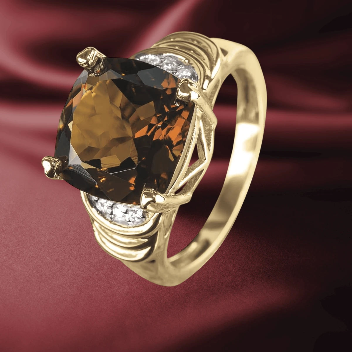 Cognac Quartz Ring featuring a large cognac quartz stone set in sterling silver with gold plating, designed for men with intricate detailing and sparkling side accents.