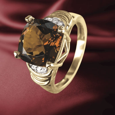 Cognac Quartz Ring featuring a large cognac quartz stone set in sterling silver with gold plating, designed for men with intricate detailing and sparkling side accents.
