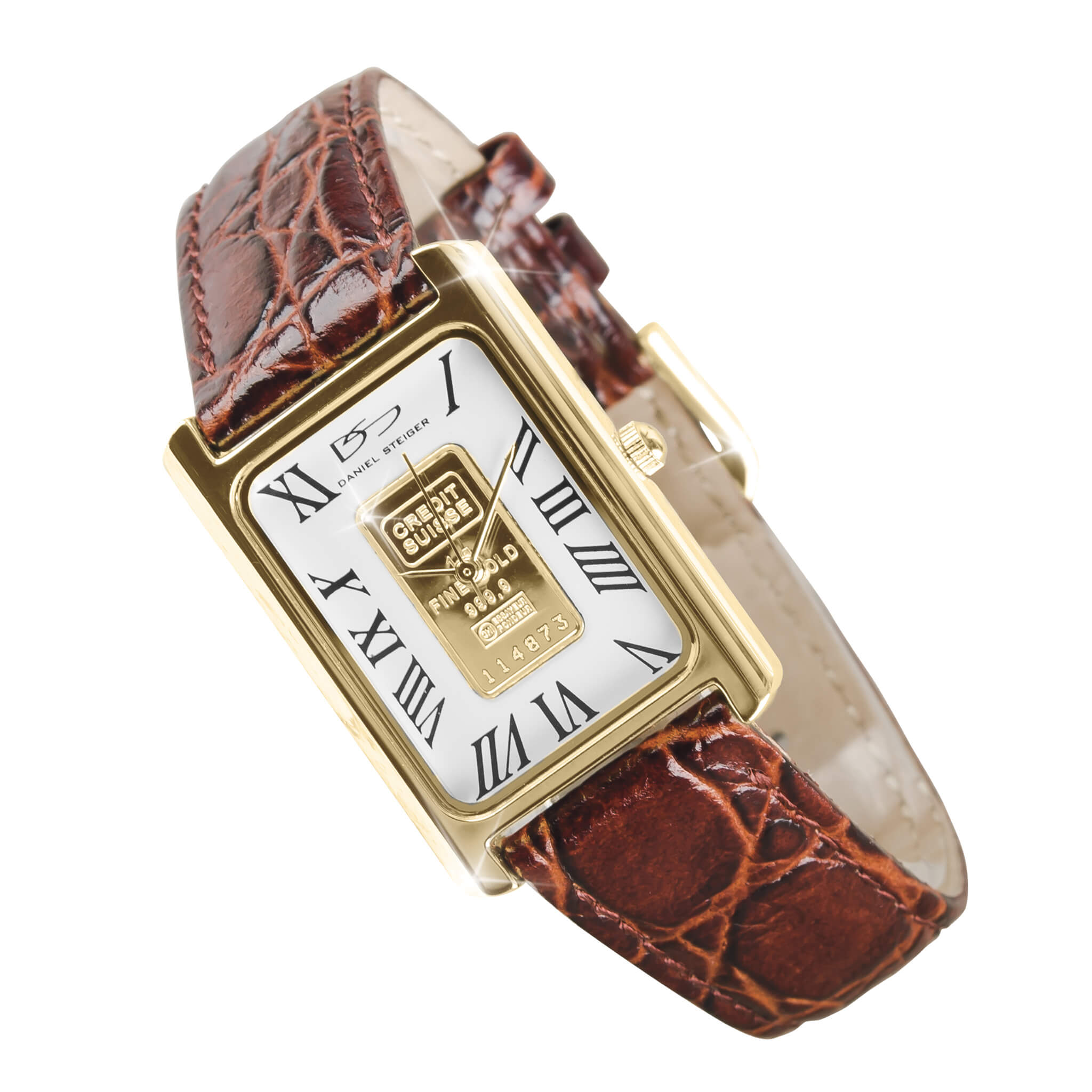 Gold Ingot Men's Watch featuring a gold-plated stainless steel rectangular case, white dial with Roman numerals, and a textured brown leather strap.