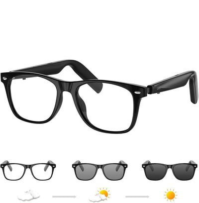 Black eyeglasses with interchangeable lenses on a white background. Reactive Smart Sunglasses
