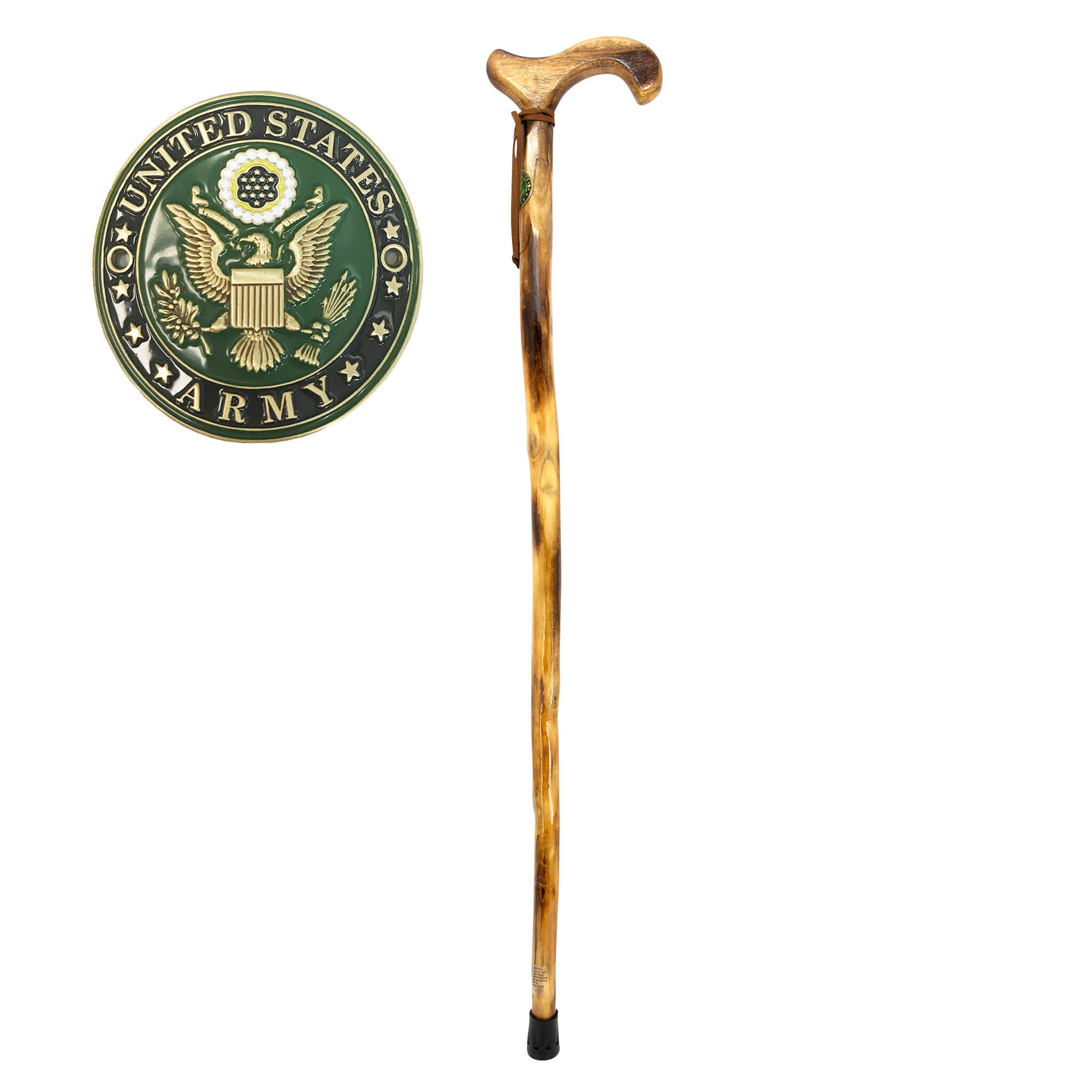 Army Veterans Walking Cane with carved wooden handle and United States Army emblem displayed on a white background. Up To 75% Off Retail