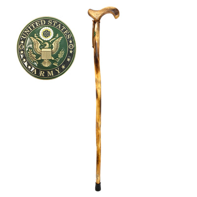 Army Veterans Walking Cane with carved wooden handle and United States Army emblem displayed on a white background. Up To 75% Off Retail