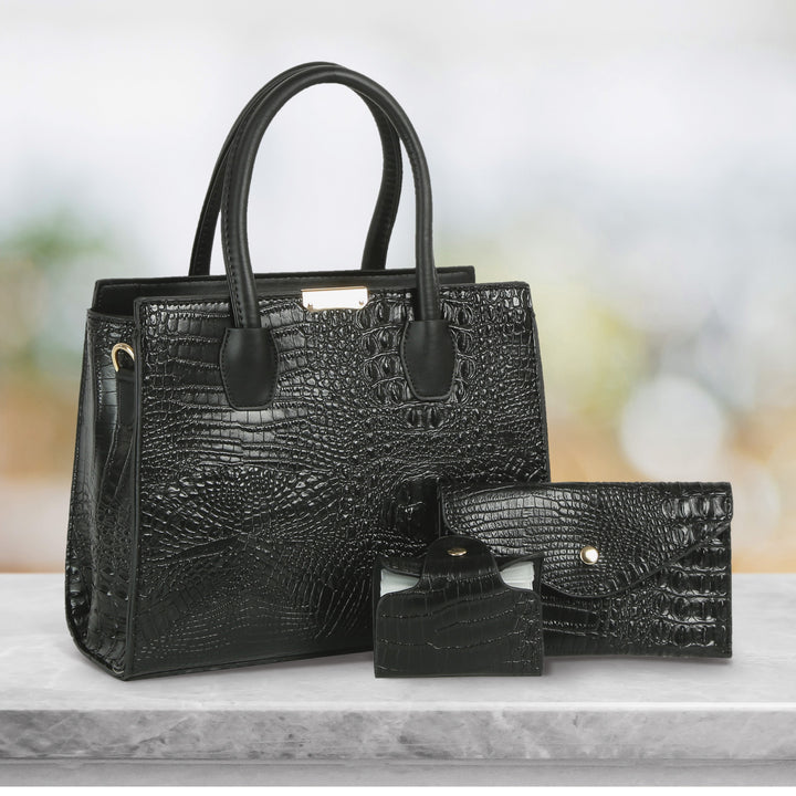 Gabriella Bag Collection featuring a black crocodile texture handbag wallet and mini purse with polished gold accents Up To 75% Off Retail