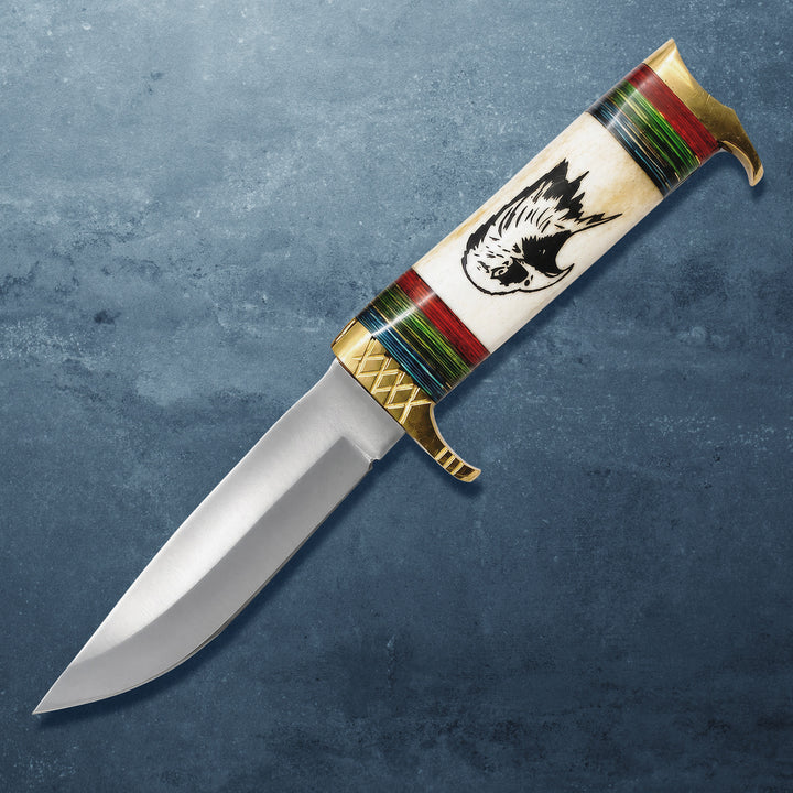 Predator Knife featuring a polished blade and ornate multicolor handle with eagle artwork on a dark textured background Up To 75% Off Retail