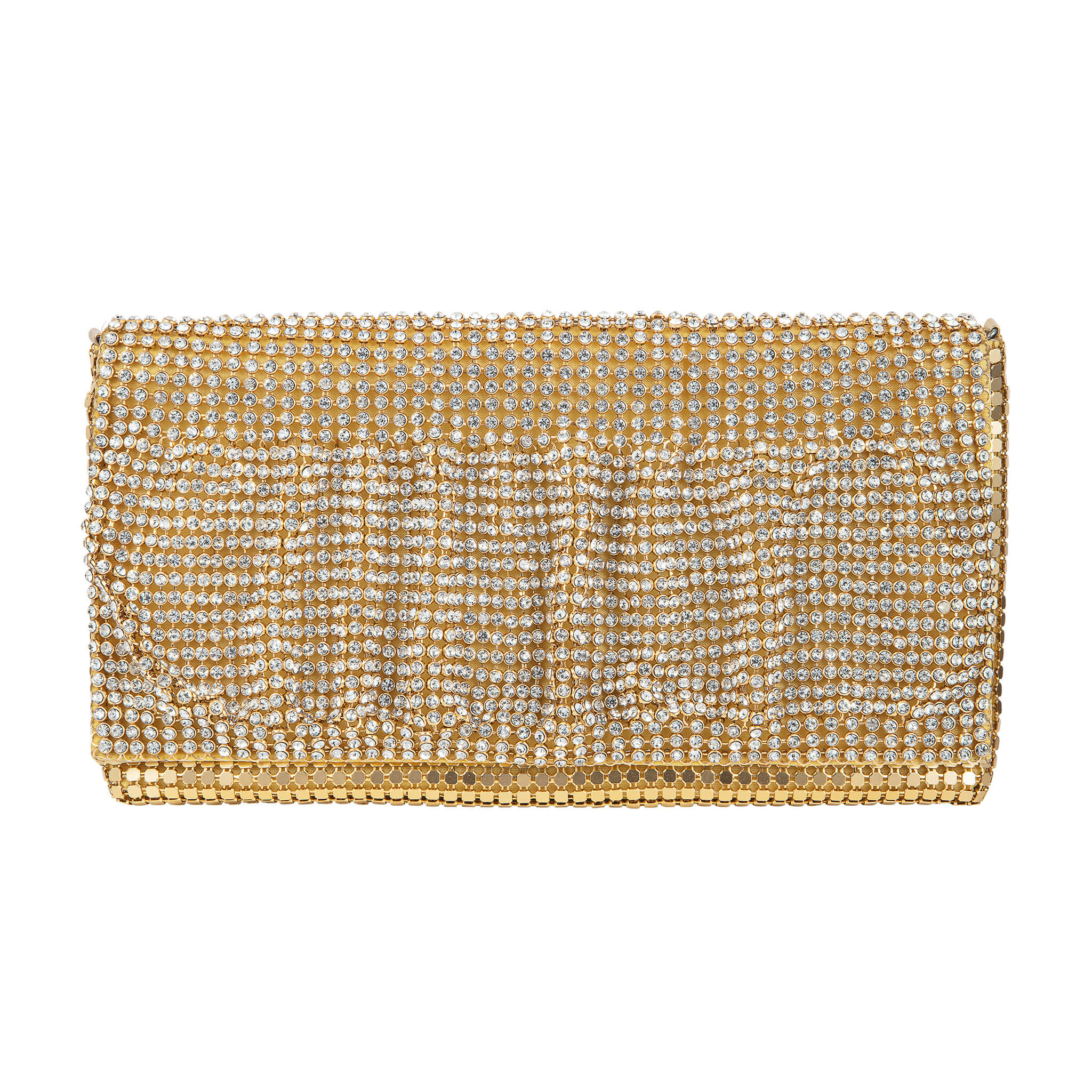 Elegant Gold Ruffle Clutchbag adorned with sparkling rhinestones, designed for women seeking a glamorous accessory for special occasions or evening events.
