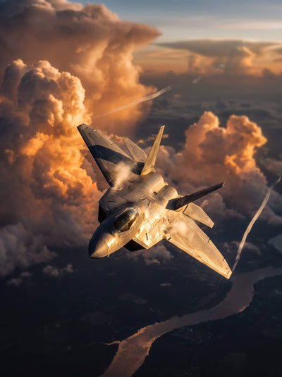 F-22A Raptor fighter jet banking above glowing clouds and a winding river at sunset with dramatic contrails and warm golden light