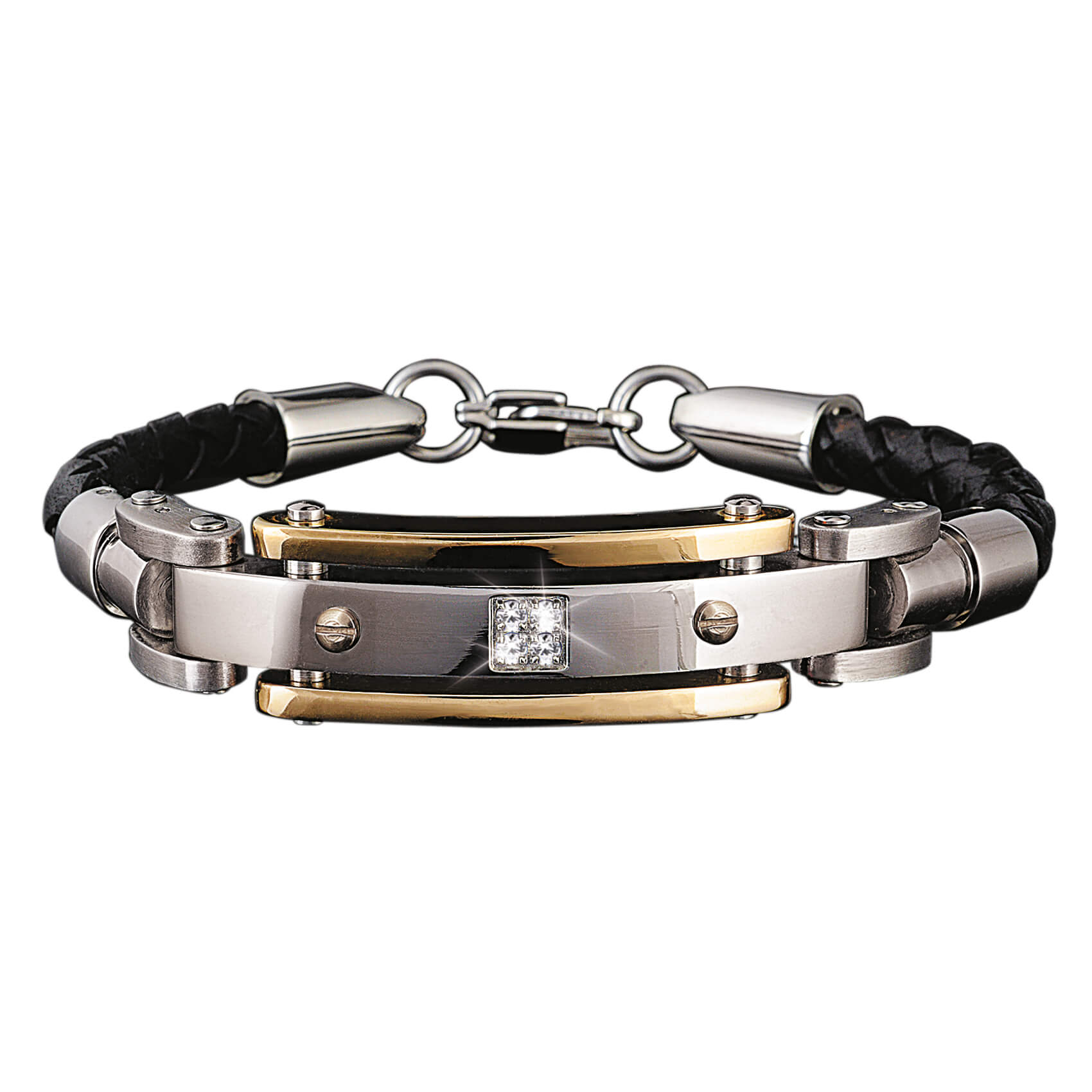 Men's Diamond Leather Bracelet featuring two-tone steel and leather design with a central diamond accent and secure clasp, combining rugged and refined styles.