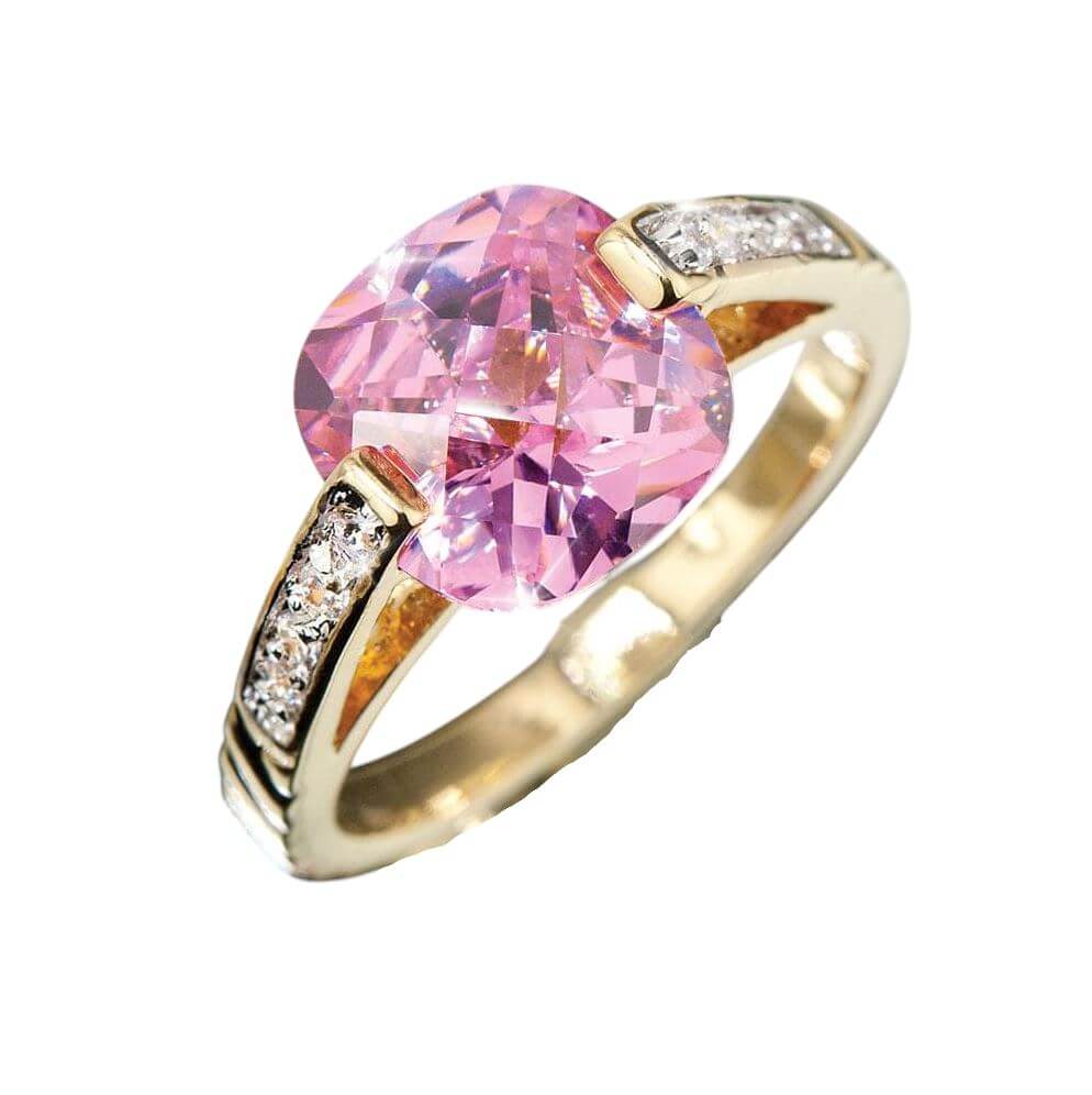 Carina Ring featuring a gold plated sterling silver band with a large faceted pink gemstone centerpiece and small clear stones embedded on the sides, designed for women.