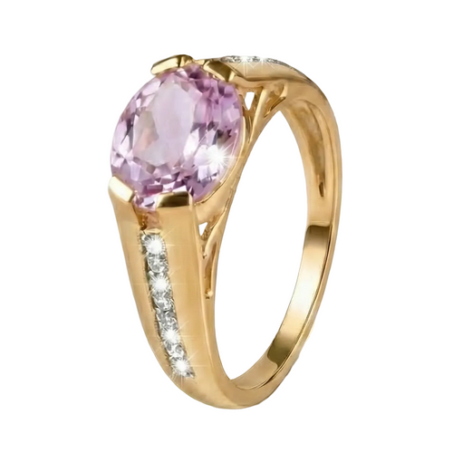 Gold ring with a pink gemstone and small diamonds on a white background