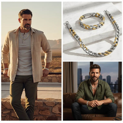 Curb Vine Men's Set featuring two-tone stainless steel bracelet and necklace styled on a male model in casual settings with modern city and desert backgrounds.