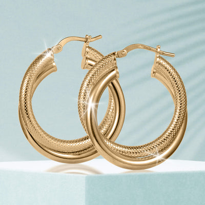 Lucente Hoop Round Earrings in polished gold-tone finish featuring a textured outer surface, designed for a stylish and elegant jewelry look.